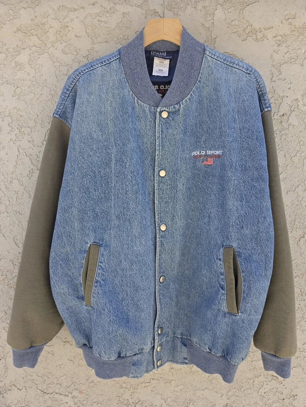 Vtg 90s Polo Sport Ralph Lauren Denim Varsity Bomber Jacket Men’s XL Blue Green